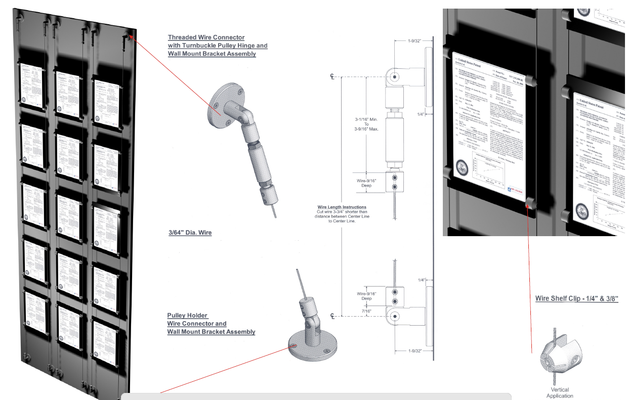 Technical drawing of a flexible mounting arm with detailed measurements.
