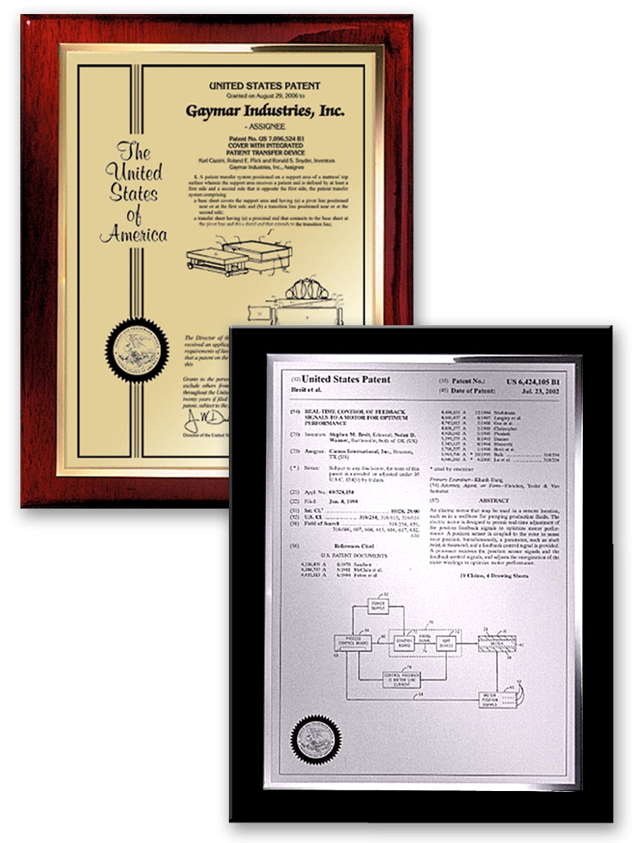 Framed patent certificate and technical drawing for an invention.